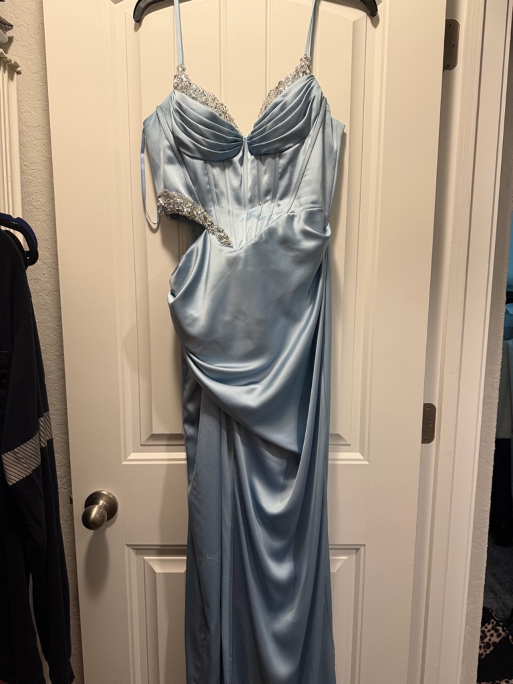 Light Blue Satin Evening Dress with Embellished Accents